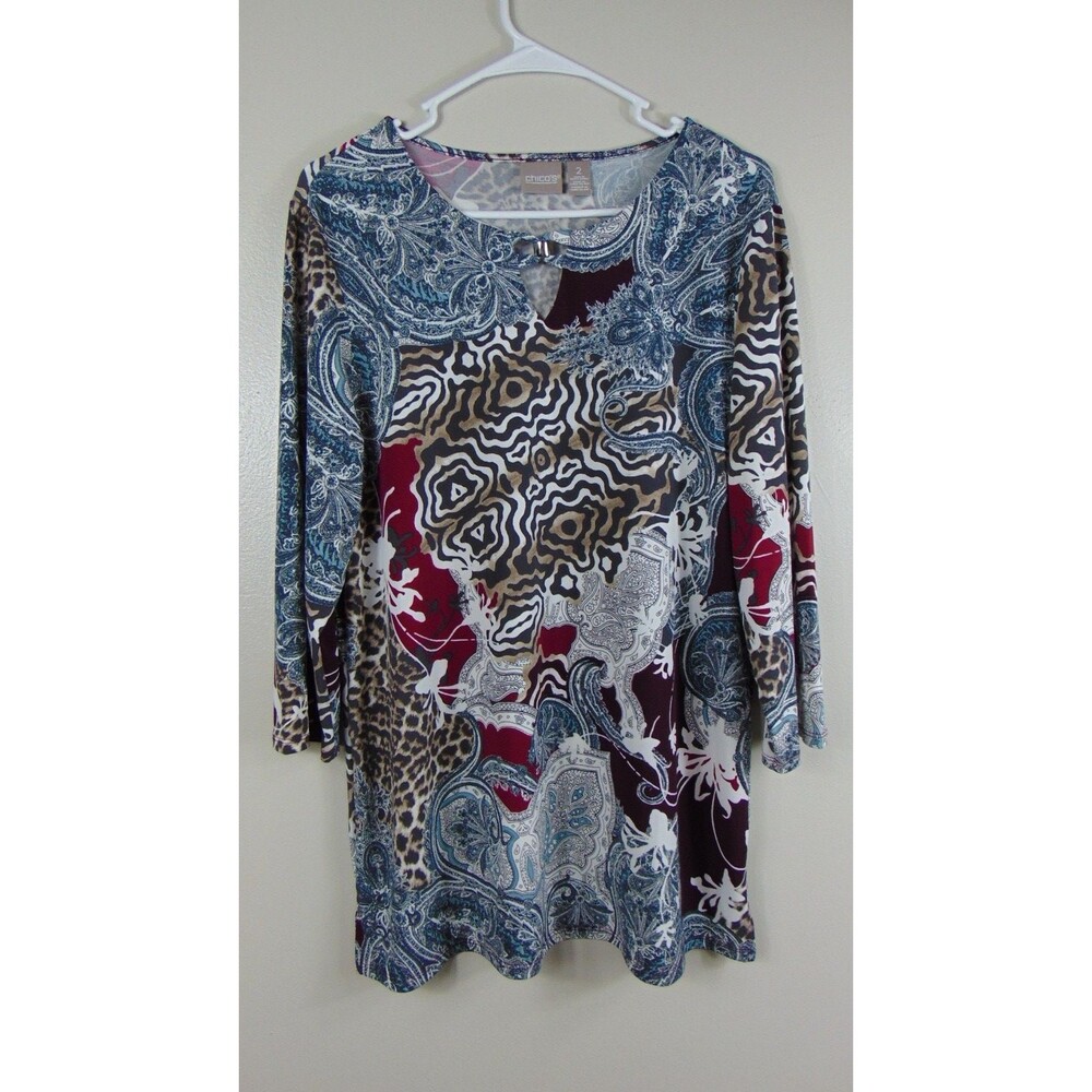 Chico's 3/4 Sleeve Keyhole Neck Blouse Womens 2 Large Tunic Animal Print Top
